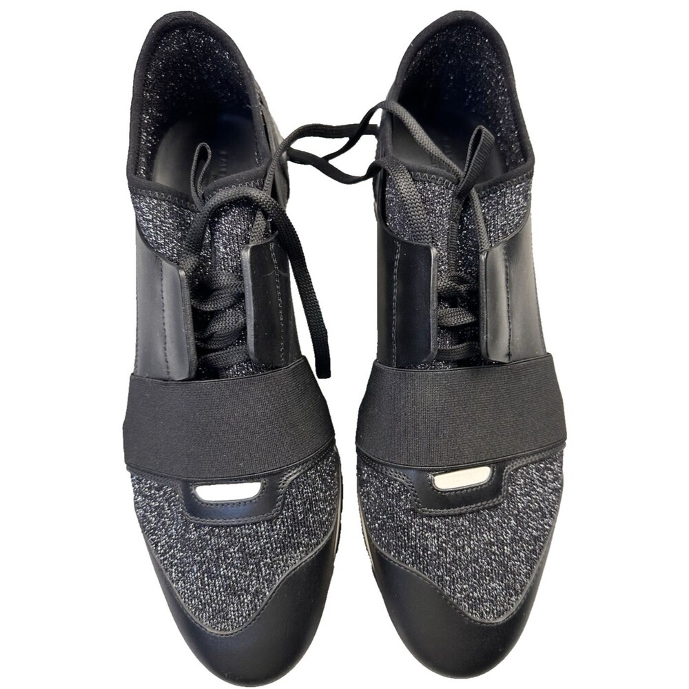 Balenciaga Black Leather Silver Glitter Race Runner Trainer Sneakers Size 41